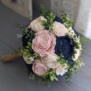 Navy, Blush, and Ivory Sola Wood Flower Bouquet with Mixed Greenery - Bridal Bridesmaid Toss