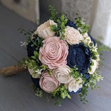 Navy, Blush, and Ivory Sola Wood Flower Bouquet with Mixed Greenery - Bridal Bridesmaid Toss