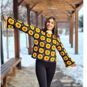 Sunflower Granny Square Cotton Sweater, Crochet Afghan Sweater, Knit Cotton Patchwork Sweater, Boho Style Hippie Festival top, Cropped top