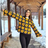 Sunflower Granny Square Cotton Sweater, Crochet Afghan Sweater, Knit Cotton Patchwork Sweater, Boho Style Hippie Festival top, Cropped top
