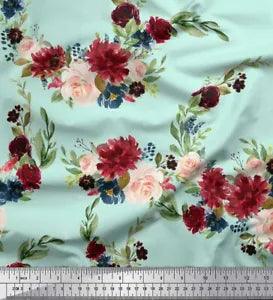 Soimoi Green Cotton Poplin Fabric Ranunculus & Penoy Floral Print-UVf