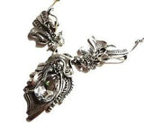 SILVER CHUNKY FLORAL BIB NECKLACE art nouveau lily clear stone earrings set Z8
