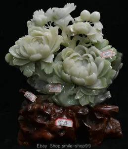 17" Chinese Natural Xiu Green Jade Carving Peony Flower Bird Lucky Sculpture