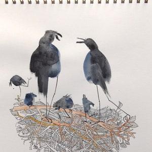 Custom made Whimsical Crow/Raven Watercolour and sunflowers: