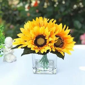 6 Heads Silk Sunflower Artificial Flower Centerpiece Cube Glass Vase Faux Water