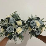 Dusty Blue and Ivory Wedding Bouquets, Bridal Bouquet, Bridesmaids Bouquet, Eucalyptus, Groomsman Boutonnieres, Artificial Wedding Flowers