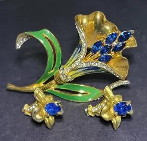 RARE 1940s Vintage CORO CRAFT Sterling Sapphire Lily Flower Brooch & Earring Set