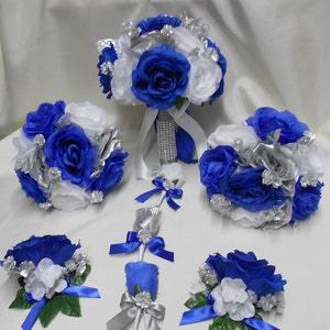 Wedding Silk Flower Bridal Bouquet Package Royal Blue White Silver Bride BridesmaidsToss Bouquets Boutonnieres Corsages New