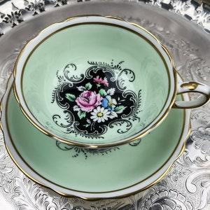 RARE Paragon Mint green and Black Vintage Hand Painted Teacup and Saucer, Made in ENGLAND, Tea Cup with cabbage rose bouquet, pattern A52