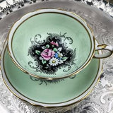 RARE Paragon Mint green and Black Vintage Hand Painted Teacup and Saucer, Made in ENGLAND, Tea Cup with cabbage rose bouquet, pattern A52