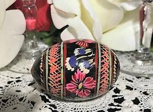 Vintage Ukrainian Easter Egg Hand Carved and Painted Black Pink Carnation Flower