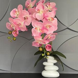 Artificial Pink Orchid Phalaenopsis in Handmade Vase Real Touch Silk Flowers Branch Faux Plant for Indoor Fake potted arranging Centerpiece