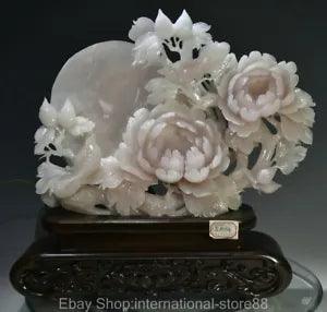 15" Chinese Natural 100% Xiu Jade Carving Peony Flower Bird Lucky Statue