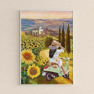 Sunflower Italian Art Print ~ Illustration Depicting a Woman Riding a Vespa Through a Sunflower Field in Tuscany, Italy
