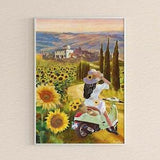 Sunflower Italian Art Print ~ Illustration Depicting a Woman Riding a Vespa Through a Sunflower Field in Tuscany, Italy