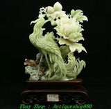 17" Unique China Natural Xiu Green Jade Carved Phoenix Peony Flower Statue