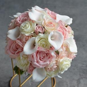 Blush Ivory Roses Bridal Bouquet, Rustic Silk Bridal Bouquet, Real Touch Blush Roses, Real Touch Calla Lilies, Pink Ivory Wedding Bouquets