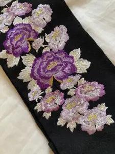 Japanese Kimono Black Embroidery Half Collar Peony Flower Purple Gold Thread