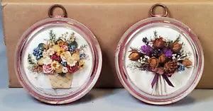 Convex Glass Bubble Dried Floral Silk Ribbon Floral Wall Art Shabby Elegance Set