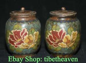 3.8" Old China Cloisonne Enamel Bronze Dynasty Palace Peony Flower Tank Jar Pair