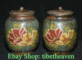 3.8" Old China Cloisonne Enamel Bronze Dynasty Palace Peony Flower Tank Jar Pair