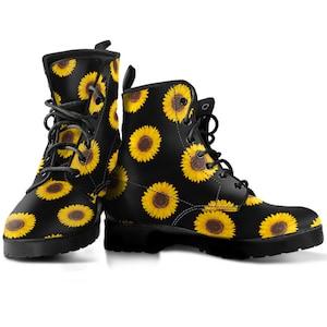 Cute Sunflower Boots, Sunflower Boots, Women's Boots, Vegan Leather, Combat Boots, Classic Boot, Sunflower Print Design, Casual Boots Women