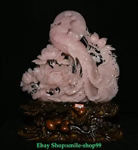 18.5" China Fine Natural Pink Xiu Jade Fengshui Peony Flower Phoenix Bird Statue