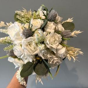 Ivory / White Rose And Blue Thistle Bouquet - Artificial Silk Flowers For Wedding Anniversary Birthday | Claire De Fleurs