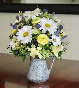 Vintage Sponge Ware Pitcher with Silk Blue, Yellow and White Arrangement