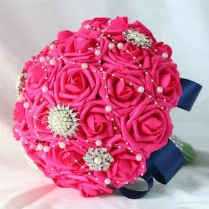 Hot Pink and Navy Blue Wedding Bouquet Crystal Brooch Bridal Flowers Bridesmaids Bouquet Grooms Boutonniere Prom Corsages Wedding Flowers