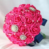 Hot Pink and Navy Blue Wedding Bouquet Crystal Brooch Bridal Flowers Bridesmaids Bouquet Grooms Boutonniere Prom Corsages Wedding Flowers
