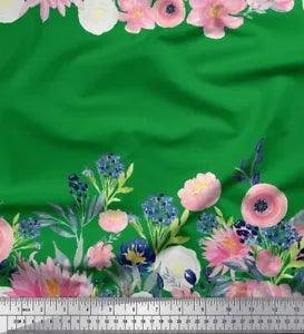 Soimoi Green Cotton Poplin Fabric Ranunculus & Chrysanthemum Floral-cMJ