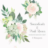 Succulents and Pink Rose Bouquets, wedding bouquets, floral graphics, flower clip art, hand painted watercolour, painted flower graphics