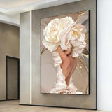 Woman with white rose head canvas painting, woman with flower head wall art, woman and white rose canvas art,  woman with flower head