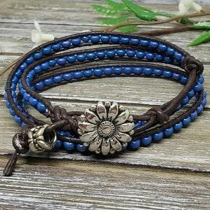 Triple wrap boho bead leather bracelet with flower clasp -  jewelry gift for her -  beaded bracelets for women