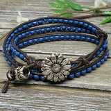 Triple wrap boho bead leather bracelet with flower clasp -  jewelry gift for her -  beaded bracelets for women