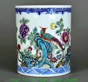 DaQing XuanTong Marked Wucai Porcelain Peony Flower Bird Brush Pot Pencil Vase