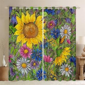 Rustic Sunflower Daisy Handmade Curtain Set, Watercolor Flower Nature Botanical Window Drapes, Farmhouse Hippie Graffiti Window Curtains