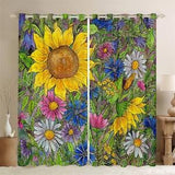 Rustic Sunflower Daisy Handmade Curtain Set, Watercolor Flower Nature Botanical Window Drapes, Farmhouse Hippie Graffiti Window Curtains