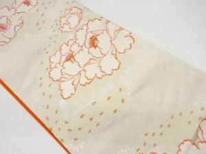 6128076: JAPANESE KIMONO / VINTAGE FUKURO OBI / WOVEN PEONY & FLOWERS