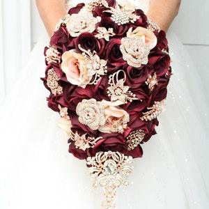 Cascade wedding bouquet, Burgundy  bridal bouquet, Silk flowers bouquet, Rose gold wedding bouquet, Fall wedding bouquet. Autumn wedding