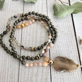 Pyrite Mala / Botswana Agate Pendant / 108 Bead Meditation Mala / Yoga Gift