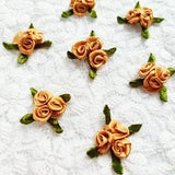 Bronze Triple Roses, Mini Rose Bouquet, Small Satin Roses, Roses with Leaf, Copper Ribbon Roses, Rose Clusters, Rose Applique, Wedding Roses