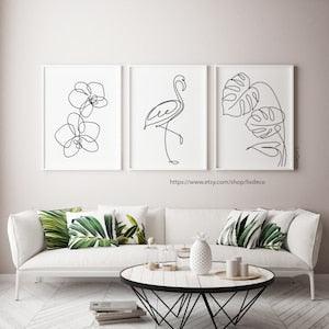 Set of 3 Prints, Botanical printable art, One line drawing leaves, flamingo Minimalist Art , Orchid Flower Simple Artwork Minimal Poster