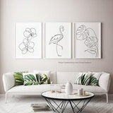 Set of 3 Prints, Botanical printable art, One line drawing leaves, flamingo Minimalist Art , Orchid Flower Simple Artwork Minimal Poster