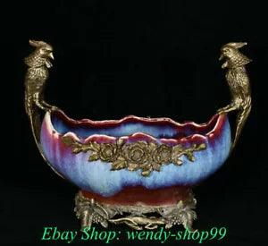 16" Old China Jun Kiln Porcelain Bronze Palace Peony Flower 2 Bird Tank Jar Jug