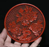 5.2 " Collect Old China Red Lacquerware Dynasty Peony Flower Pattern Tray Plate