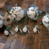 17PC White Sola Wood Wedding Bouquet & Boutonniere Set , BOHO Ivory Sage Seeded Eucalyptus Bridal Bouquet, White Wedding Party Flower Set