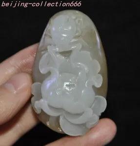 2.2" certified natural hetian jade wealth peony flowers fengshui statue pendant