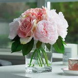 Artificial Peony Rose and Hydrangea Flower in Clear Glass Vase and Faux Water
